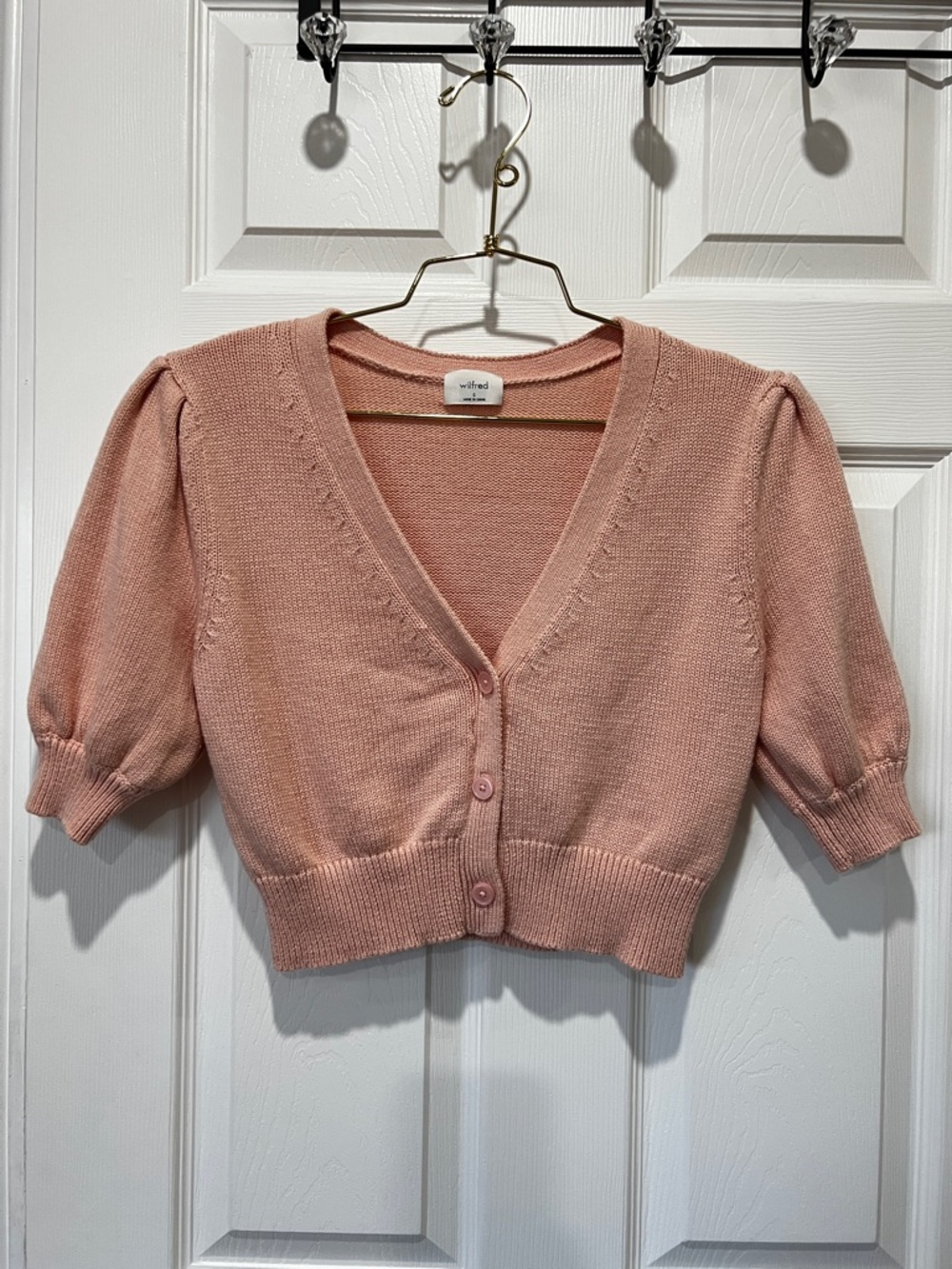 Wilfred Knit Cropped Sweater Coral Pink Sz Small 3 Button Closure Short Sleeve